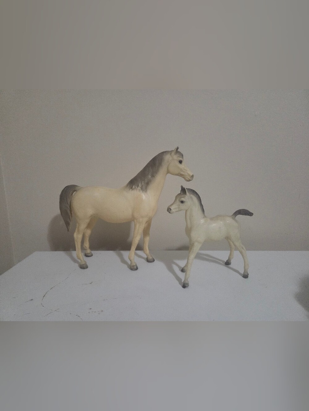 Vintage Breyer Alabaster Arabian Mare and Foal plastic figurine set.